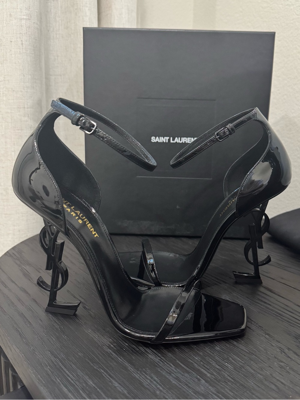 Saint Laurent YSL Opyum 110 Logo Heel Sandal Patent Black 39.5